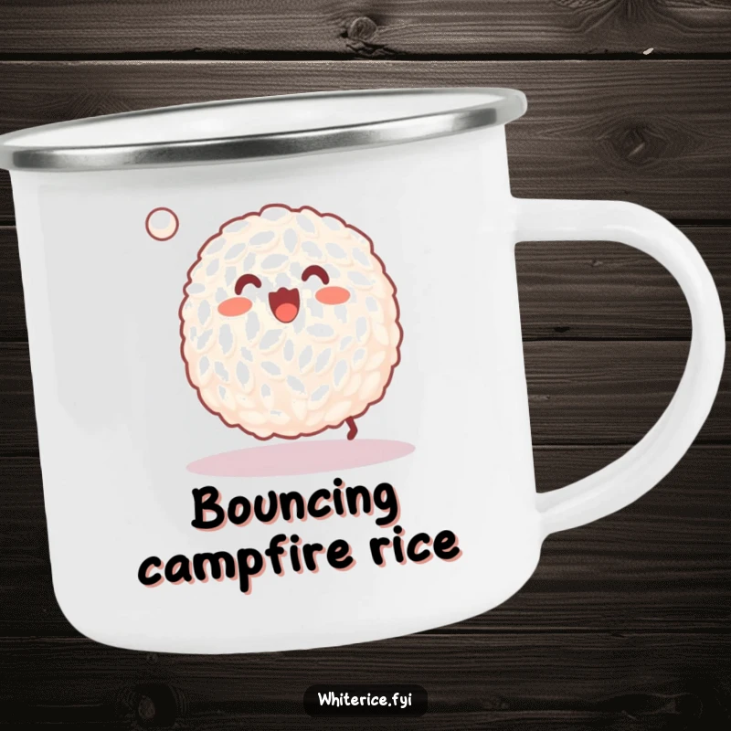 Funny enamel camping mug with a happy grain of white rice joyfully bouncing a tiny ball, for camping.