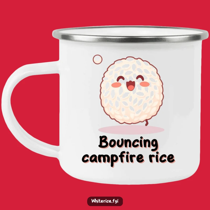 Funny Rice Baller Camping Mug: Happy Grain Bouncing Ball Playful Enamel Cup