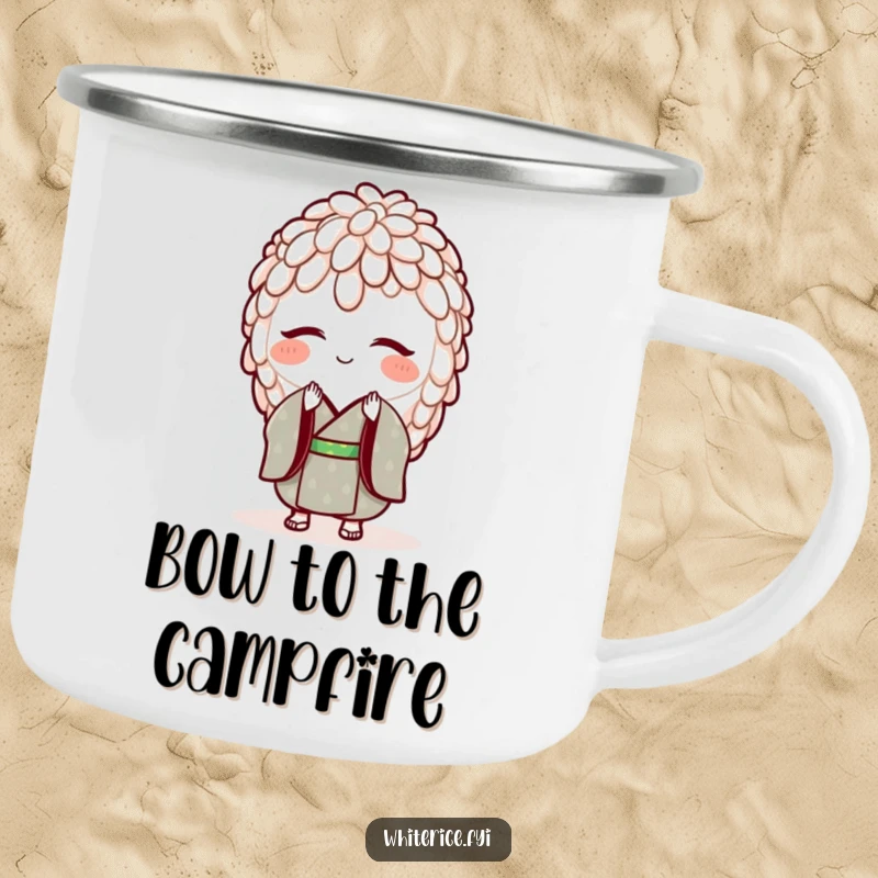 Funny camping mug with a smiling grain of rice in a tiny kimono, bowing. Durable and culturally humorous.