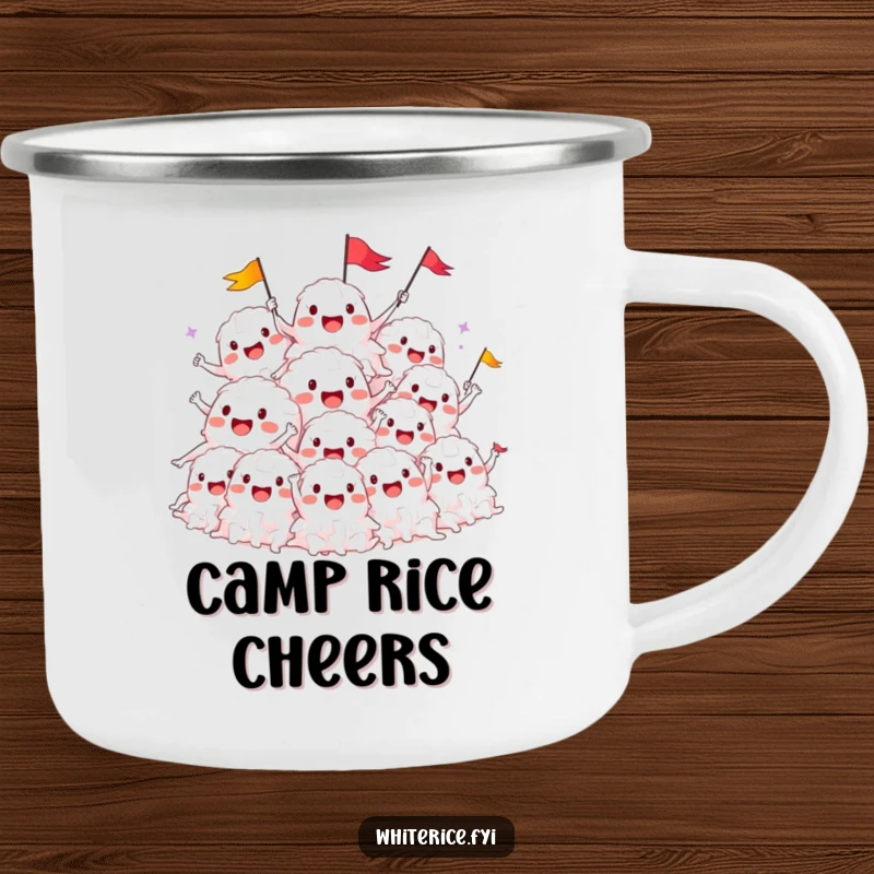Funny camping mug featuring a smiling pile of white rice characters cheering and waving flags, for outdoor fun.