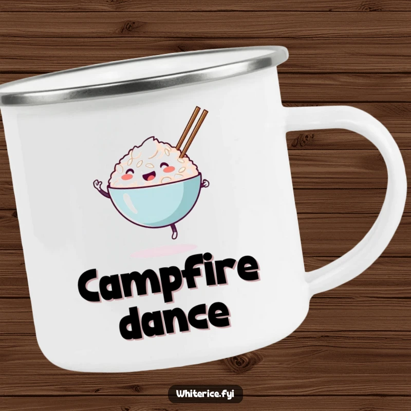 Funny happy white rice bowl camping mug, dancing with chopsticks, ideal for outdoor drinks with a humorous food theme.
