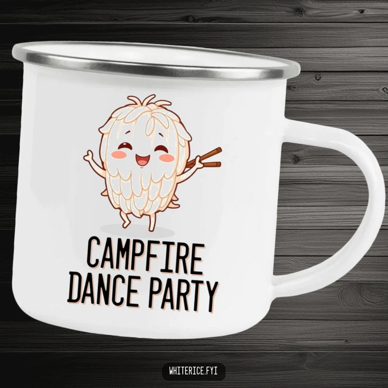 Funny camping mug with a smiling rice character in a joyful dance, holding chopsticks, designed for outdoor fun and celebration.