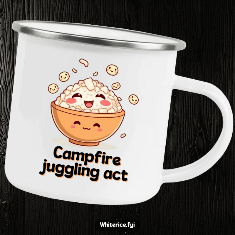 Funny camping mug featuring a giggling rice bowl character juggling rice, ideal for outdoor fun and cheerful sips.