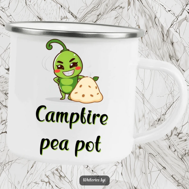 Funny proud green pea character with a determined grin beside a steaming mound on a funny camping mug.