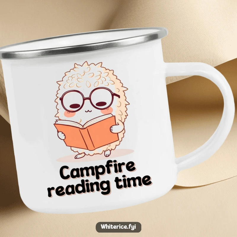 Funny rice camping mug shows a bewildered rice ball character in glasses reading a book, perfect for outdoor literary enjoyment.