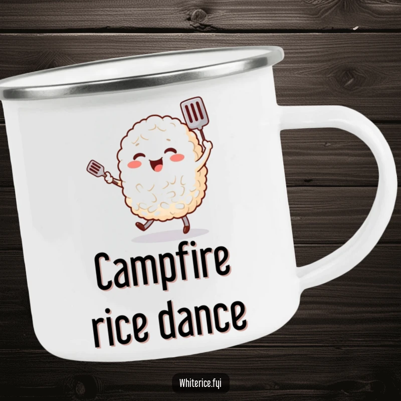 Funny camping mug with a cheerful, plump grain of rice character happily dancing with a tiny spatula, ideal for outdoor foodies.