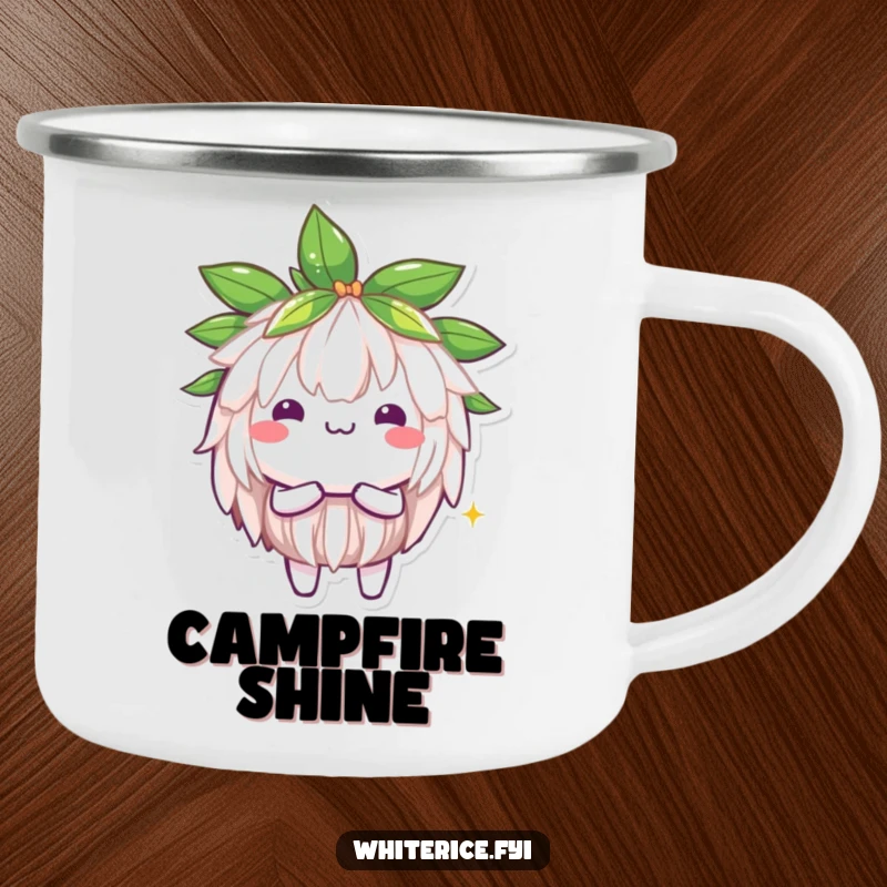 Funny Jasmine Rice Camping Mug: A brilliant Kawaii character shining brightly, bringing positive energy and radiance to outdoor adventures.