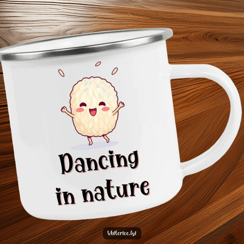 Funny camping mug with a delighted grain of rice doing a victory dance, ready for outdoor fun.
