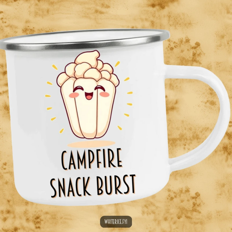 Funny kawaii camping mug with an excited popcorn kernel popping with a grin, perfect for outdoor viewing.