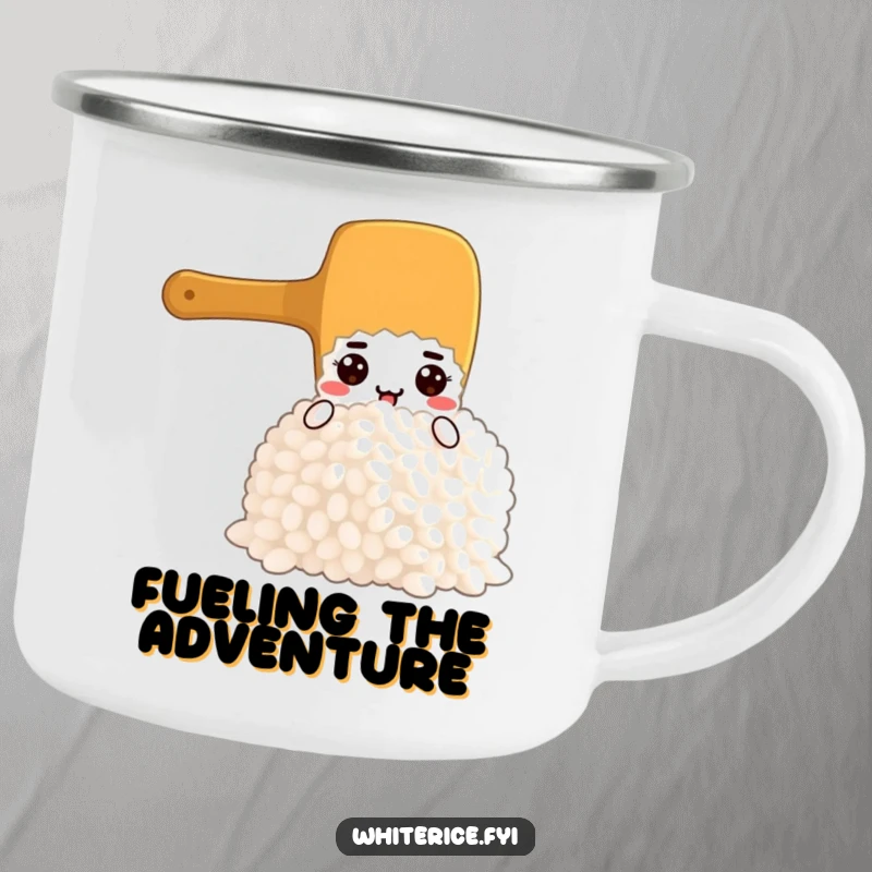 Funny camping mug featuring a determined rice paddle character scooping rice, ideal for rugged adventures and hearty meals.