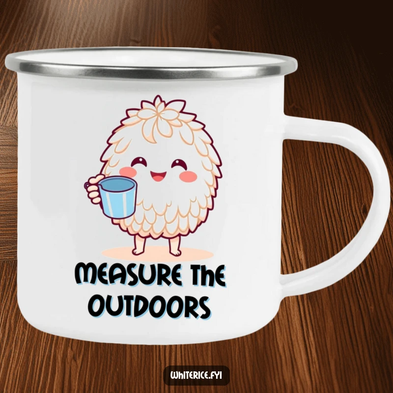 Funny Basmati Rice Camping Mug: A joyful Kawaii character holding a tiny measuring cup, bringing cheerful precision and culinary fun to outdoor adventures.