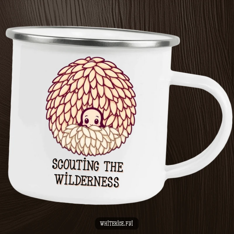 Funny curious rice grain camping mug, peeking from a cluster, a humorous companion for outdoor explorations.