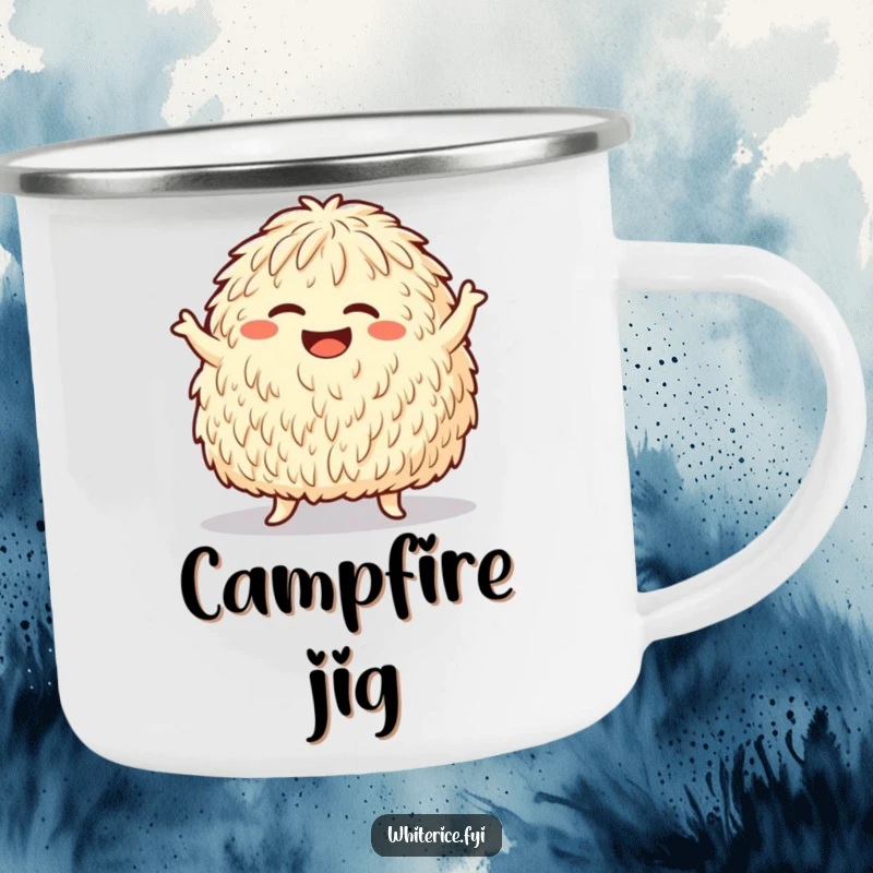 Funny camping mug of a giggling rice mound doing a silly dance move, ideal for outdoor fun and enjoyment.