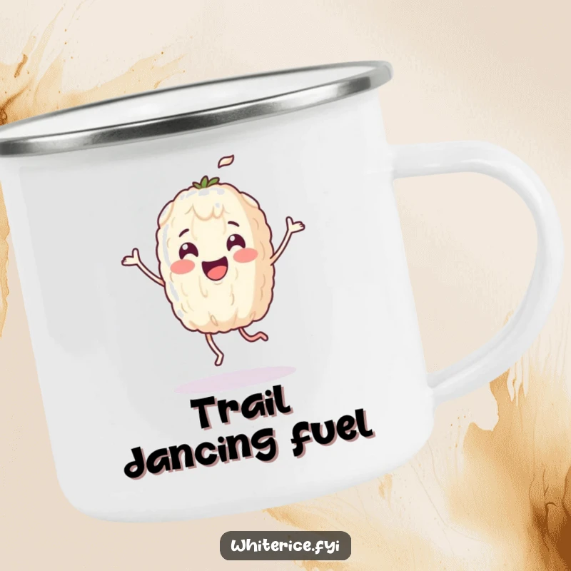 Funny camping mug with a happy rice grain character dancing joyfully, designed for outdoor adventures and warm drinks.