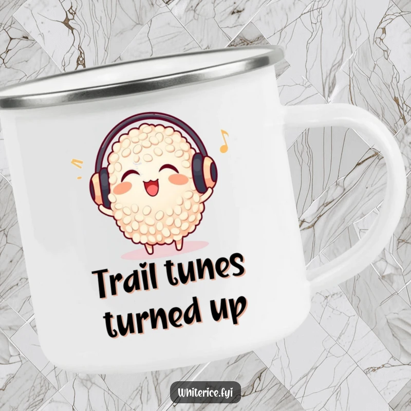 Funny delighted rice grain camping mug, wearing earmuffs, listening to music, durable and fun outdoor gear.