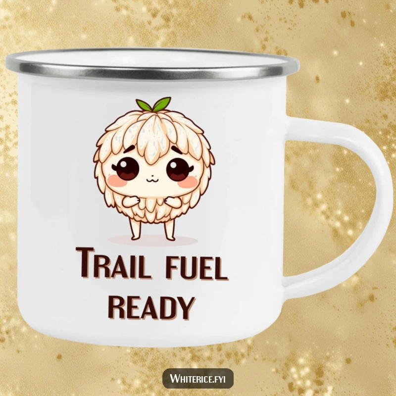 Funny determined rice camping mug, ready to be eaten, a humorous companion for bold outdoor experiences.