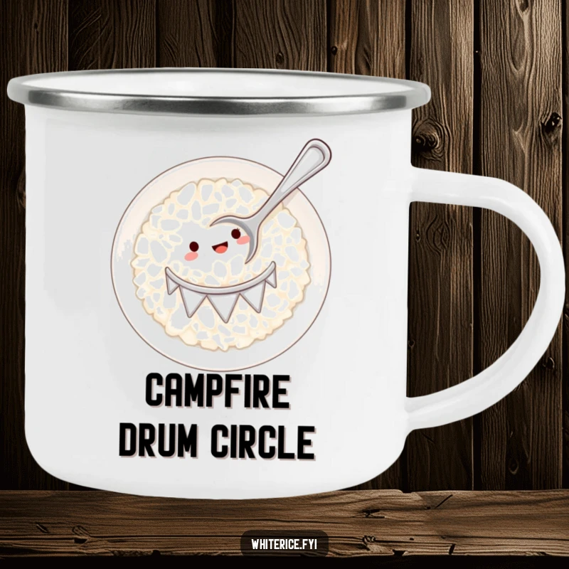 Funny white rice plate drum with tiny spoon camping mug, perfect for outdoor beverages and adding a humorous beat.