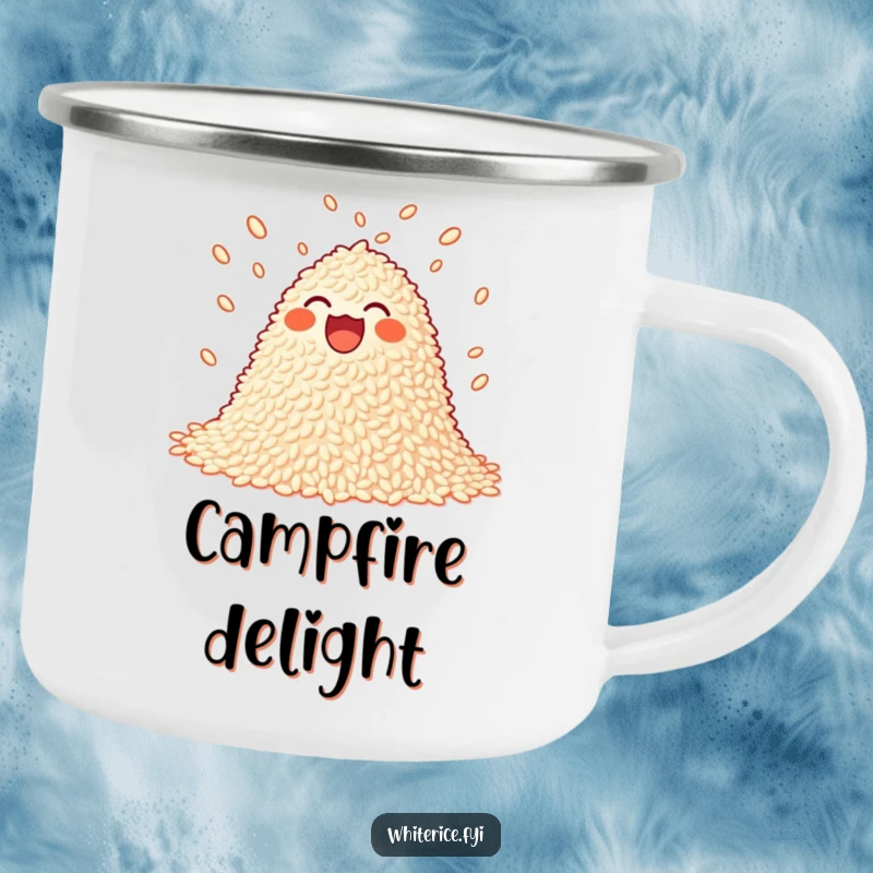 Funny juggling rice camping mug featuring a joyful pile of rice playfully juggling small grains.