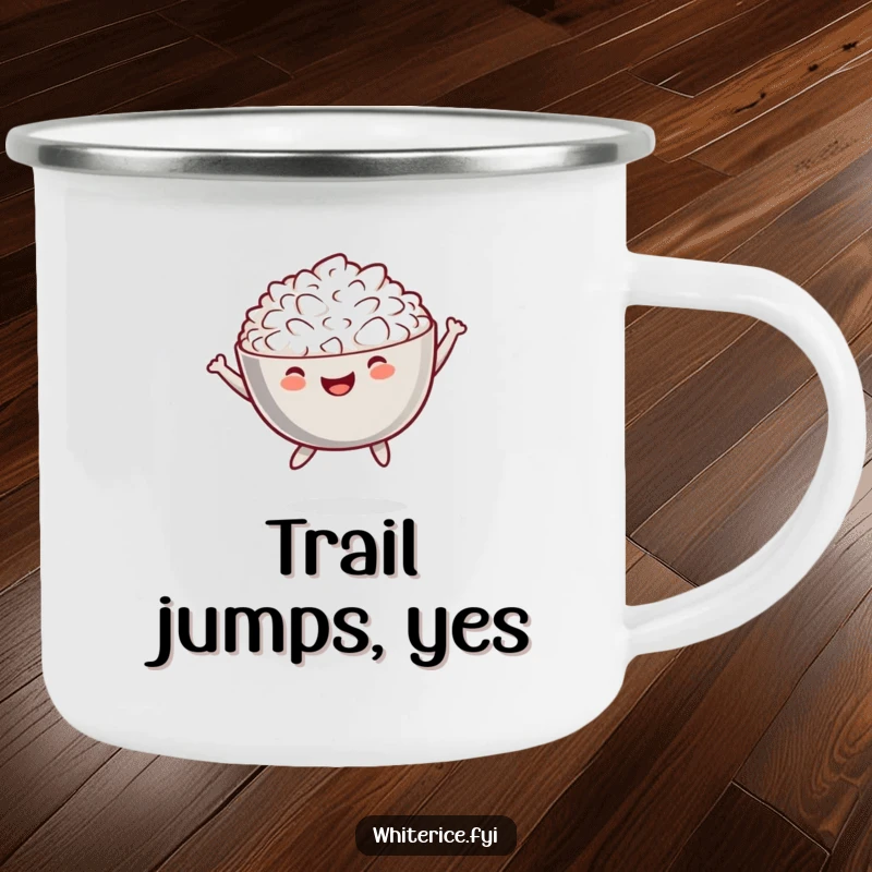 Funny camping mug with a cheerful bowl of white rice performing a playful jump, for outdoor use.