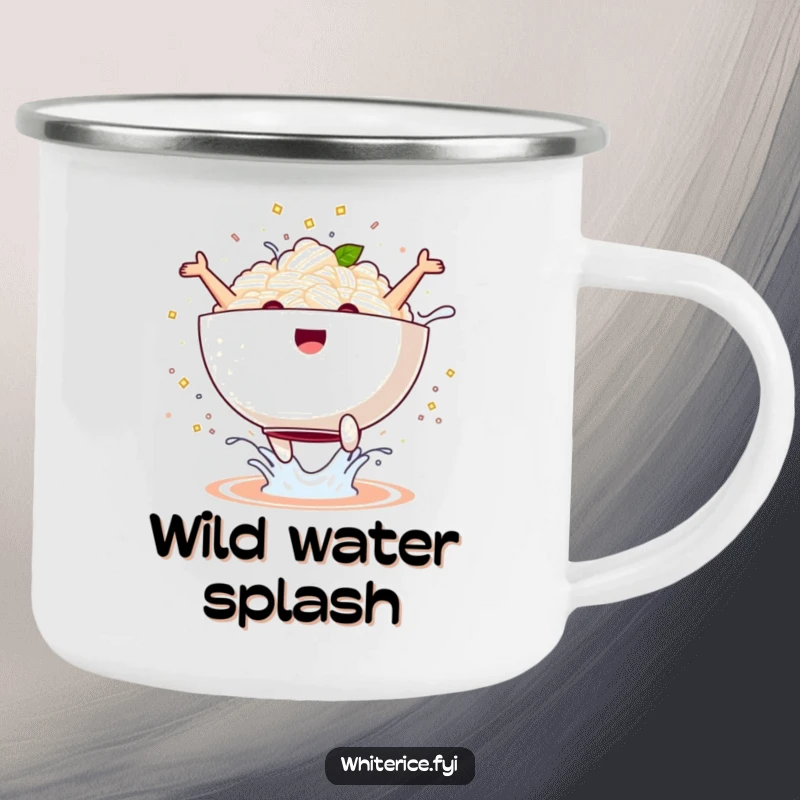 Funny kawaii rice bowl camping mug performing a joyful jump with a splash, durable and hilarious outdoor drinkware, perfect funny gift.