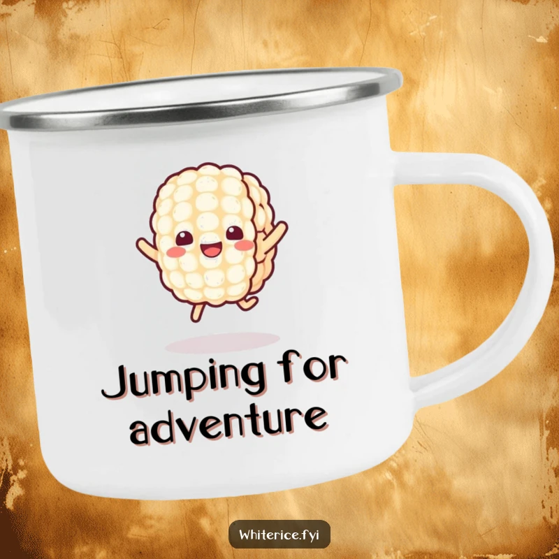 Funny Kawaii Rice Camping Mug with a cheerful, jumping rice grain character, perfect for enjoying beverages outdoors with adorable, humorous energy.