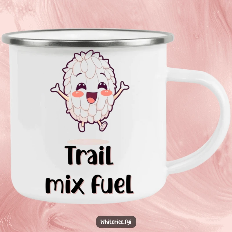 Funny camping mug with a cheerful white rice grain character comically leaping, designed for outdoor fun and laughter.