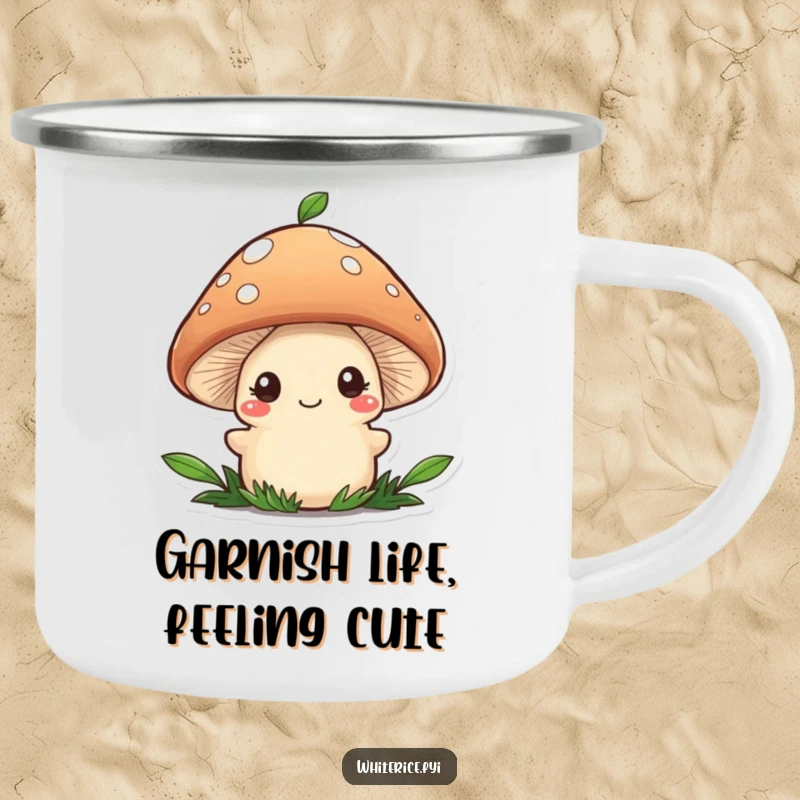 Funny camping mug with a shy brown mushroom character adding a food garnish, perfect for whimsical outdoor moments.