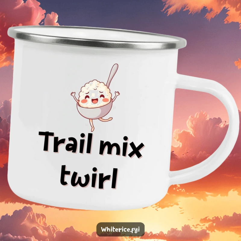 Funny Camping Mug: A joyful spoonful of rice pirouetting, perfect for enjoying drinks by the campfire with a humorous twist.