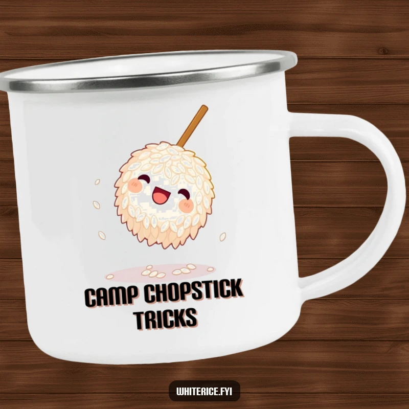 Funny Rice Camping Mug: A playful grain of rice doing a somersault near a chopstick, ready for camp coffee and humorous, whimsical moments.
