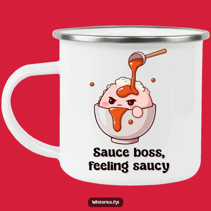 Funny Rice Bowl Chef Camping Mug: Determined Character Pours Sauce, Outdoor Gift