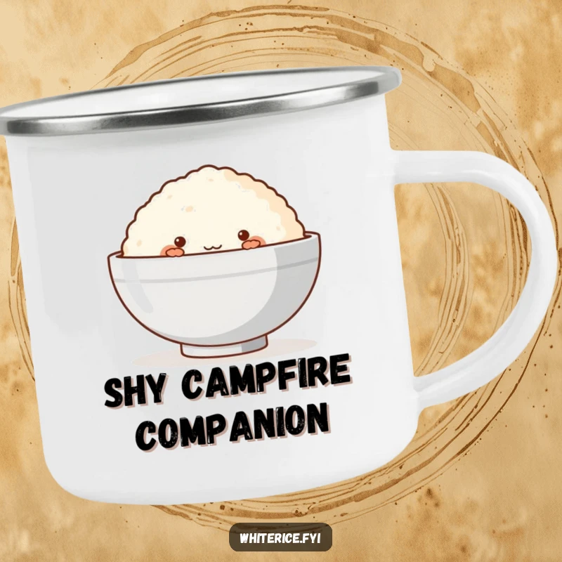Funny camping mug with a blushing rice cake shyly peeking from behind a bowl, perfect for outdoor sipping.
