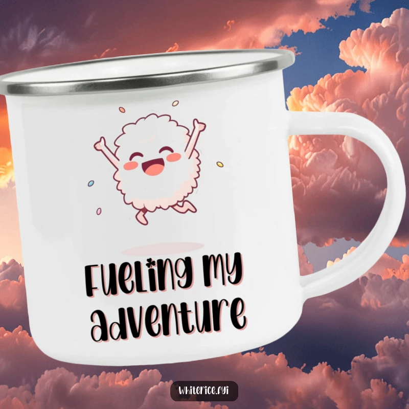 Funny camping mug featuring a delighted white rice grain in a triumphant leap, ideal for rugged adventures and portable moments of humor and joy.
