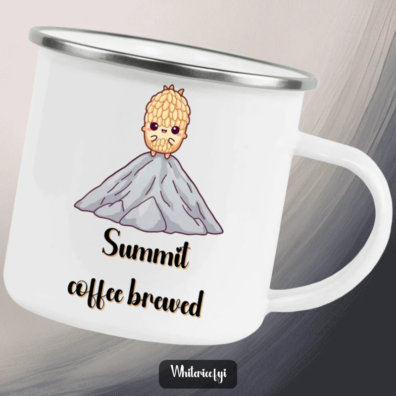 Funny camping mug with a determined grain of rice standing tall on a pile of others, perfect for outdoor motivation.