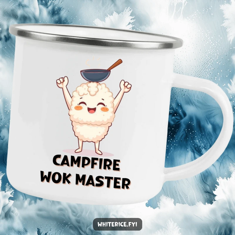 Funny cheerful white rice character holding a miniature wok with a triumphant smile on a camping mug.