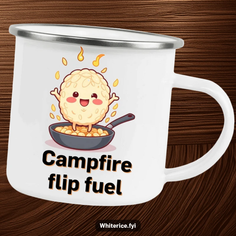 Funny beige rice grain character flipping food in a pan, on a durable funny camping mug.