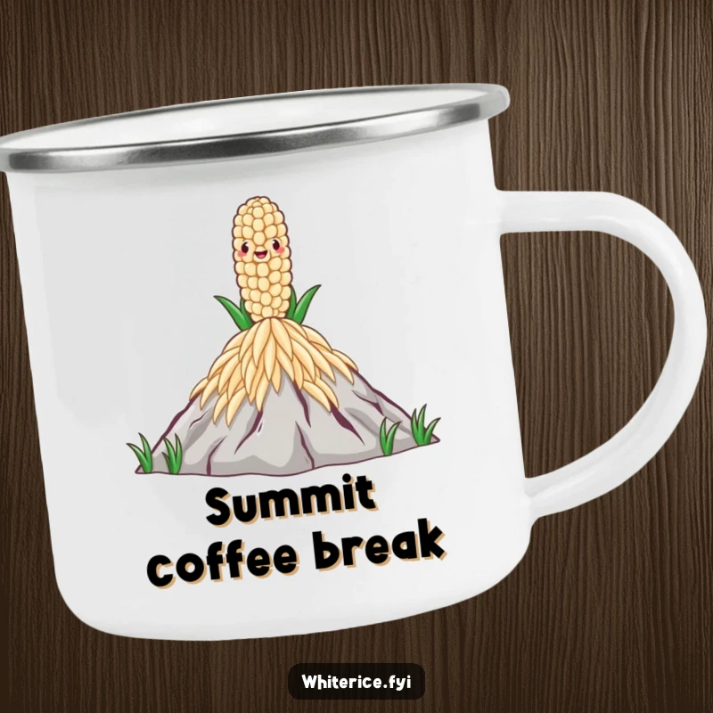 Funny Rice Grain Camping Mug showing a proud rice grain on a mountain of rice, ideal for enjoying drinks outdoors with inspiration.