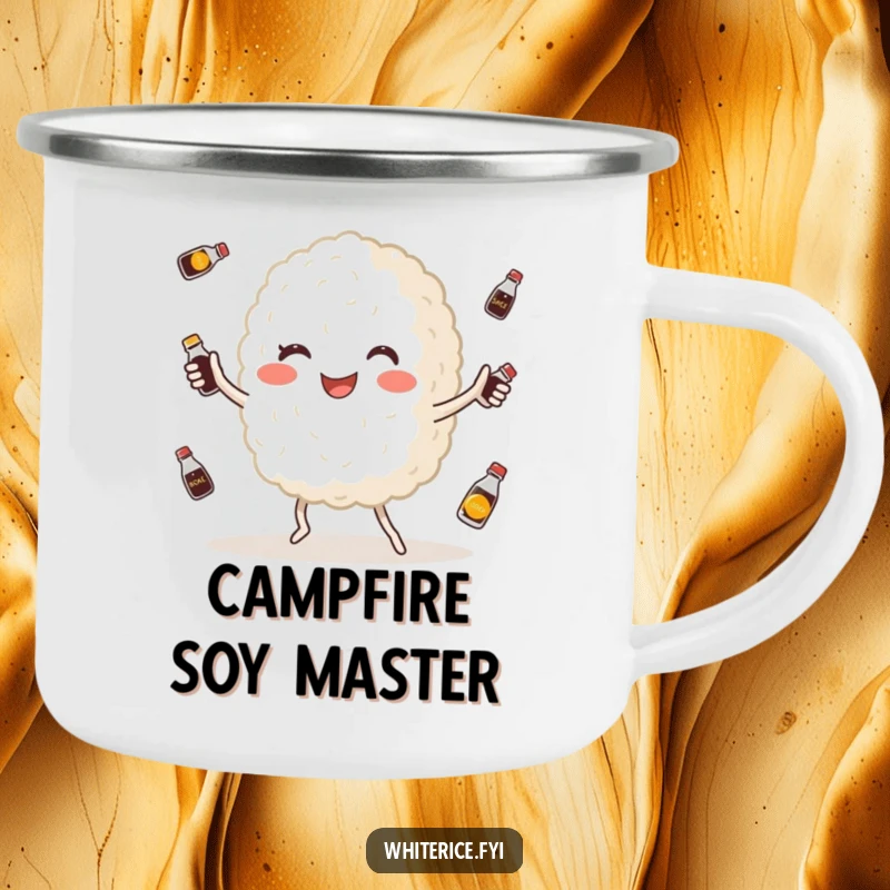 Funny camping mug with a happy, plump white rice grain character juggling soy sauce bottles, designed for outdoor fun and laughter.