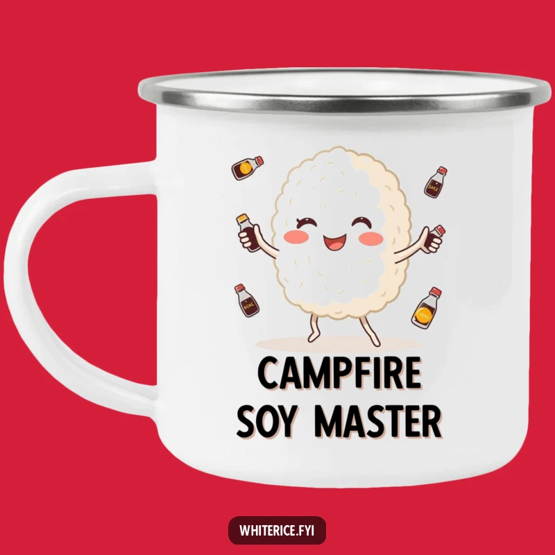Funny Rice Juggler Camping Mug: Happy Grain with Soy Sauce, Outdoor Humor Gift