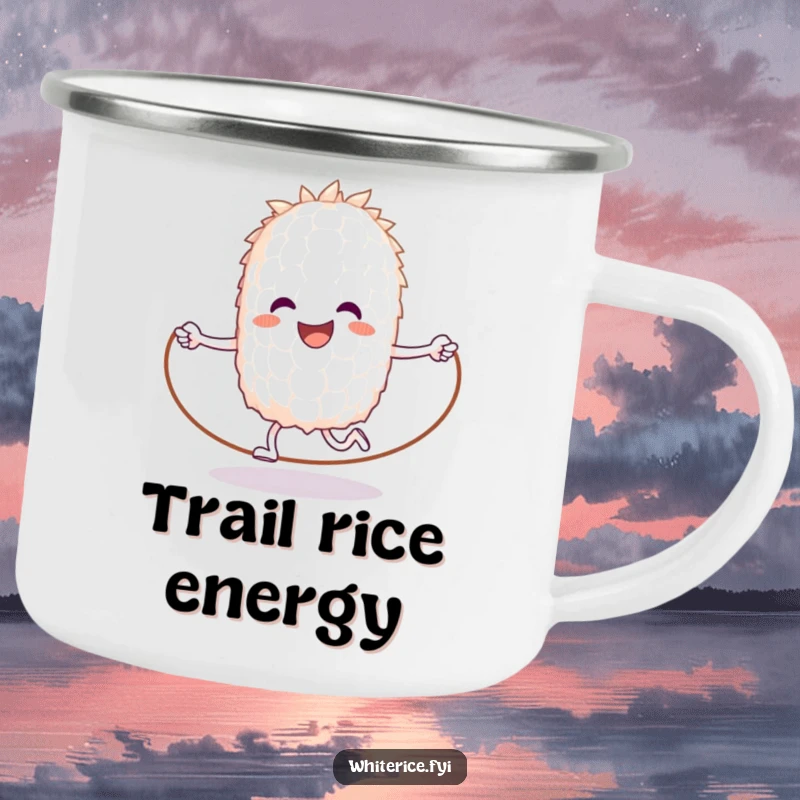 Funny camping mug featuring a happy grain of white rice jumping rope, for outdoor fitness enjoyment.