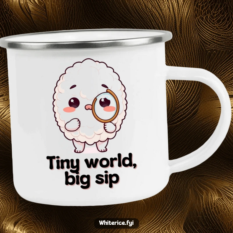 Funny camping mug with a white rice character and magnifying glass, perfect for outdoor adventures and humor.