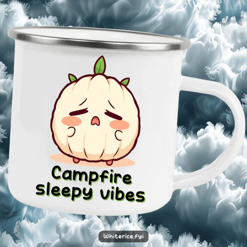 Funny camping mug with a sleepy rice grain character yawning, ideal for relaxing outdoors and enjoying warm beverages.