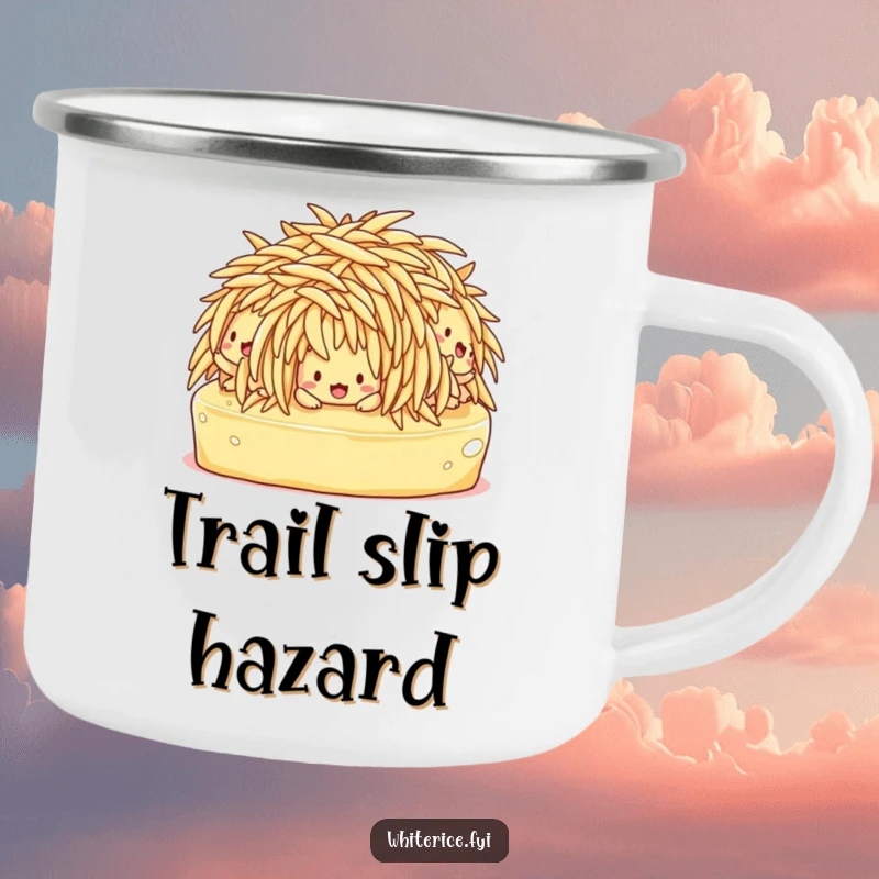 Funny camping mug depicting confused rice characters comically slipping on butter, ideal for outdoor adventures and laughs.