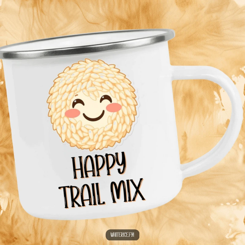 Funny camping mug with a cheerful bunch of rice grains forming a happy smiley face. Durable and humorous.