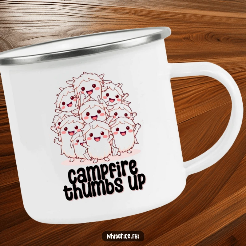 Funny smiling white rice characters camping mug, giving a thumbs up, ideal for outdoor drinks with a humorous, positive vibe.