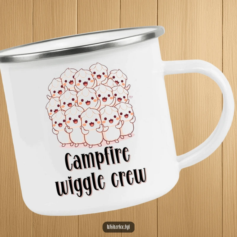 Funny camping mug with a playful pile of white rice characters in a synchronized wiggle, bringing humor to outdoor adventures.