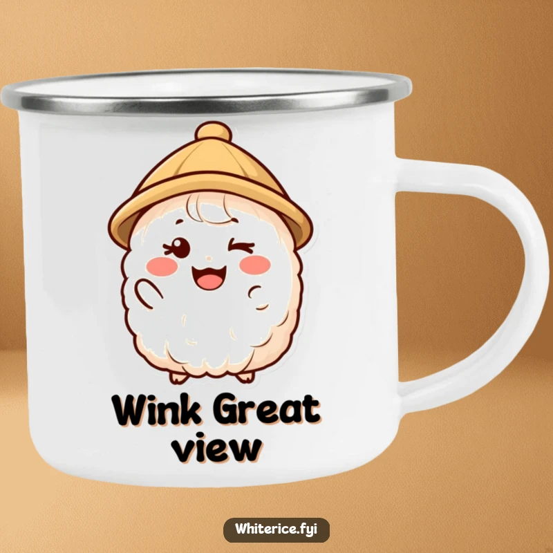 Funny camping mug of a happy rice character in a small hat giving a friendly wink, great for outdoor enjoyment.