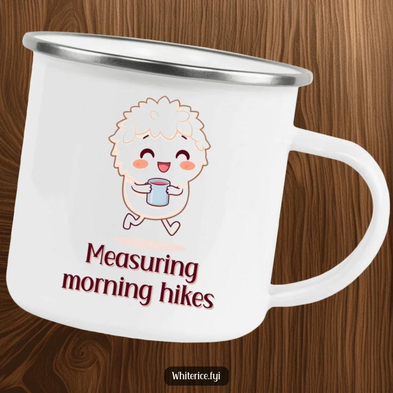 Funny camping mug with a playful white rice character skipping happily with a measuring cup, for outdoor cheer.