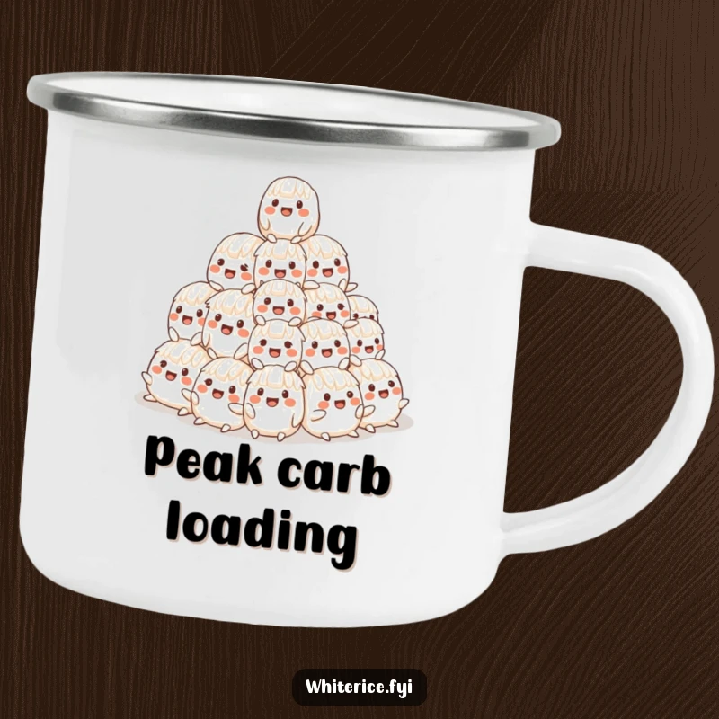 Funny camping mug featuring a cheerful, wobbly pyramid of smiling rice characters, perfect for rugged humor.