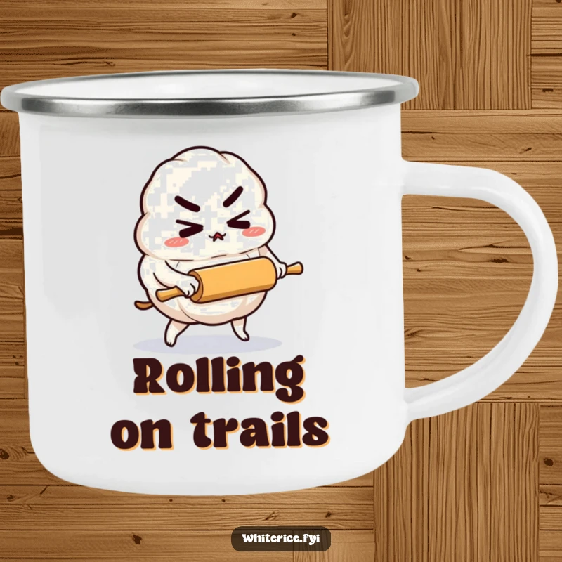 Funny camping mug showing a determined rice dumpling character pushing a tiny rolling pin, perfect for rugged ambition.