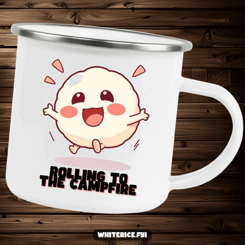 Funny Kawaii risotto ball camping mug featuring an excited character rolling playfully, designed for adventure and outdoor fun, a great gift.